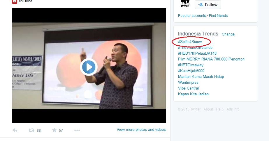 Tagar #Selfie4Siauw memuncaki daftar trending topic di Twitter Indonesia pada Kamis (19/1/2015). [Screenshot Twitter]