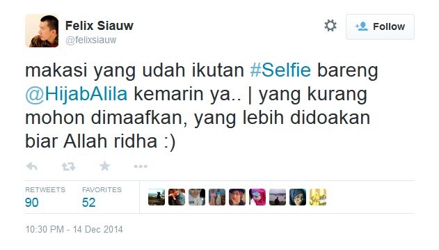 Tweet Ustad Felix Siauw yang mempromosikan selfie untuk sebuah merek busana Muslim (Screeshot Twitter).