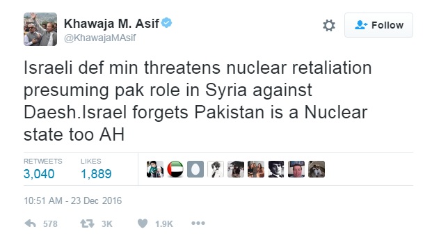 Cuitan Menteri Pertahanan Pakistan. [Twitter]