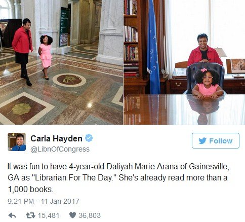 Daliyah (4) meraih apresiasi sebagai 'librarian of the day' dari Perpustakaan Nasional AS yang diwakili Carla Hayden, kepala perpustakaan. (Carla Hayden/Twitter)