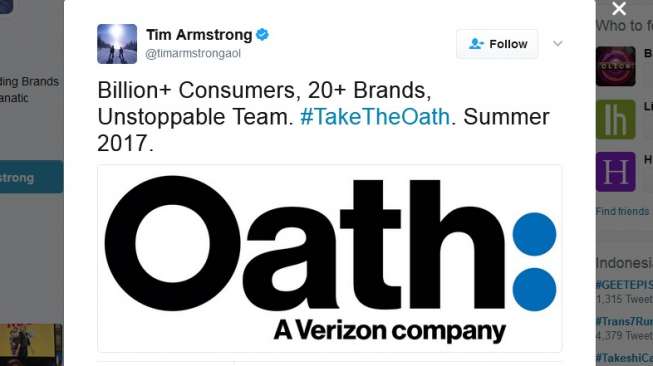 Yahoo Berubah Jadi "Oath" Setelah Dicaplok Verizon