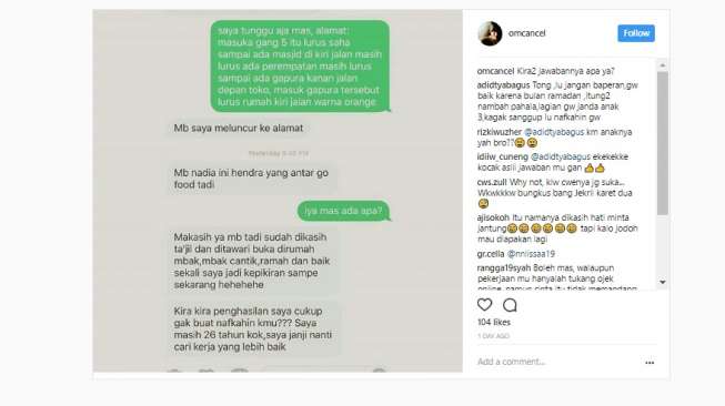Driver ojek ingin nikahi penumpang. [Instagram]