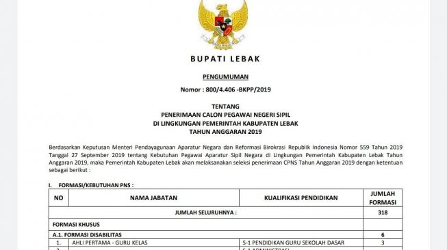 Ini Formasi Dan Syarat Pendaftaran Cpns Di Kabupaten Lebak