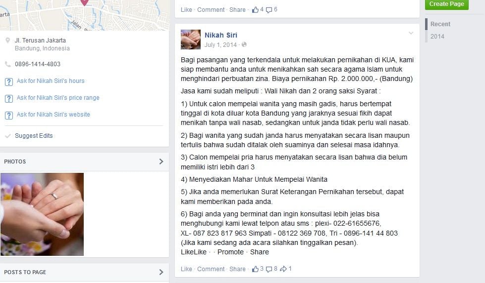 Salah satu akun yang menawarkan jasa nikah siri di Facebook (Screenshot Facebook Maret 2015).