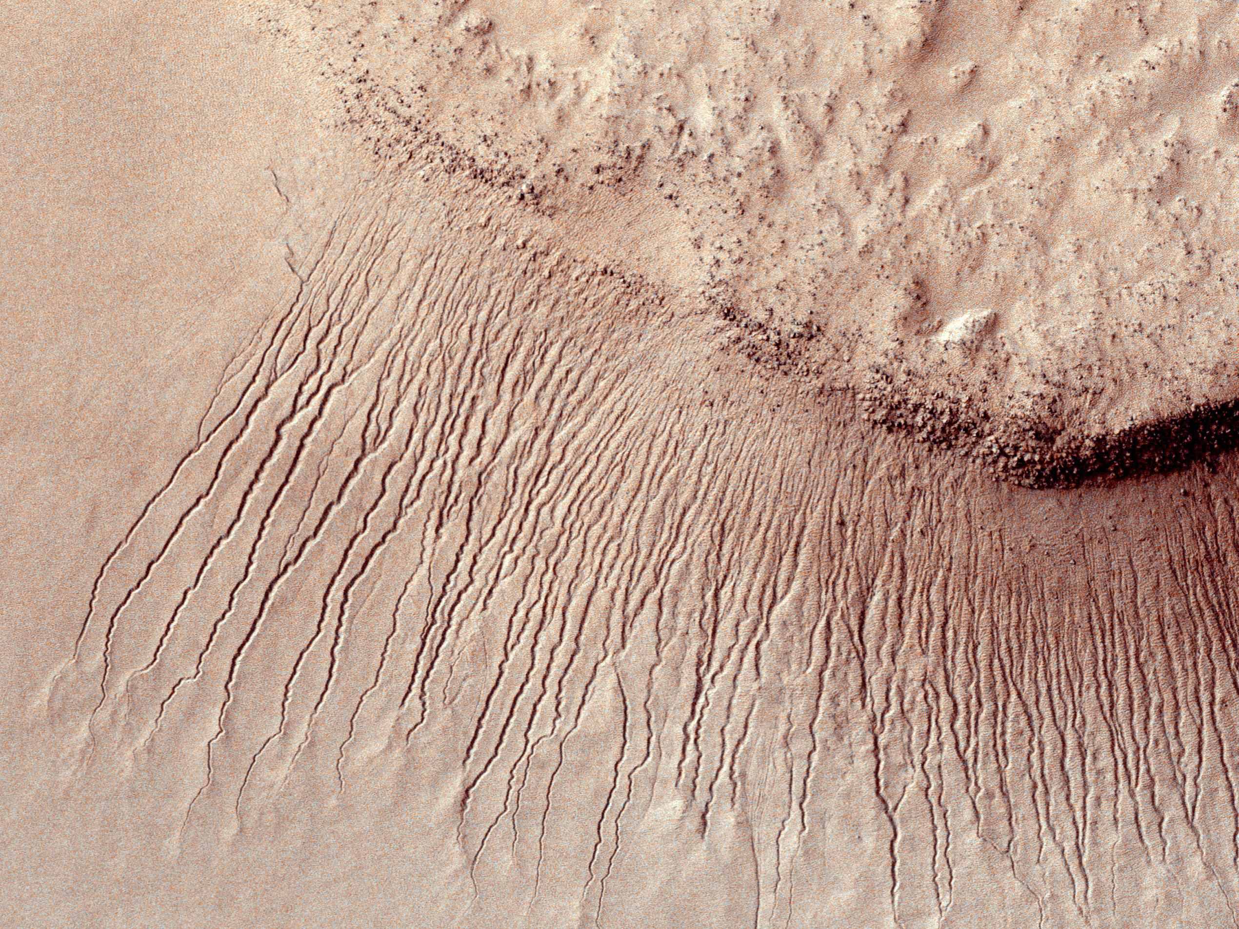 Sebagian permukaan Mars yang dipotret oleh Mars Reconnaissance Orbiter menunjukkan ngarai sepanjang 1 hingga 10 meter di dataran Hellas, Mars. (Reuters/NASA)