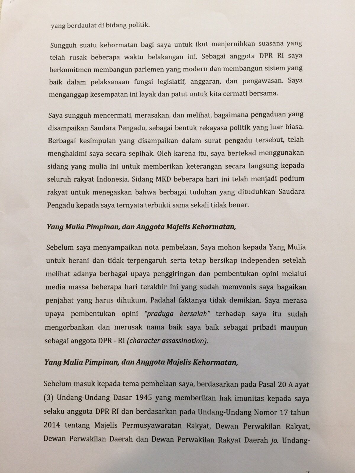 Nota Pembelaan Setya Novanto Ketua DPR RI Terhadap Pengaduan Menteri ESDM Sudirman Said Berdasarkan Laporan Pengadilan Tertanggal 16 November 2015. [Suara.com/Erick Tanjung]