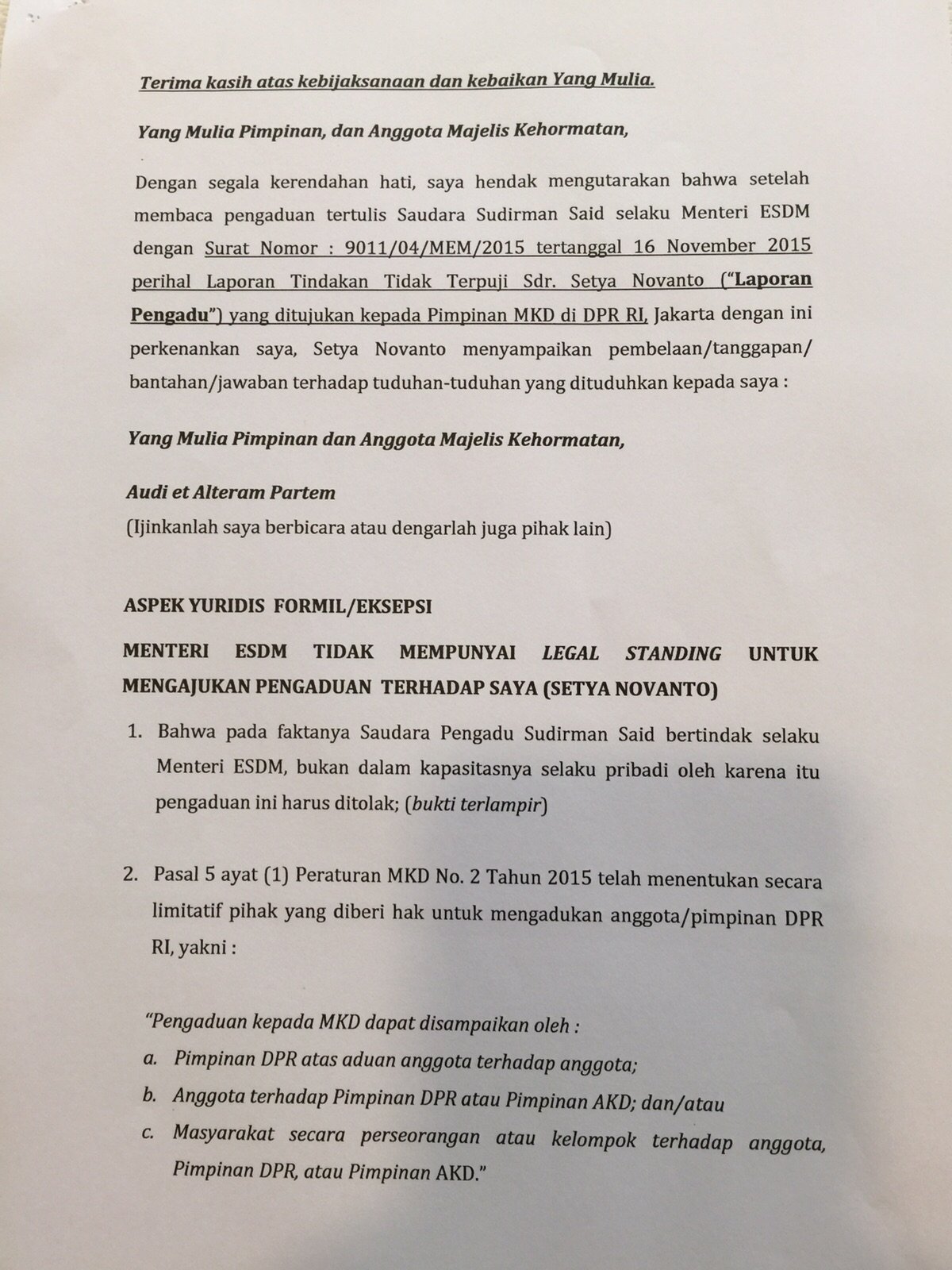 Nota Pembelaan Setya Novanto Ketua DPR RI Terhadap Pengaduan Menteri ESDM Sudirman Said Berdasarkan Laporan Pengadilan Tertanggal 16 November 2015. [Suara.com/Erick Tanjung]