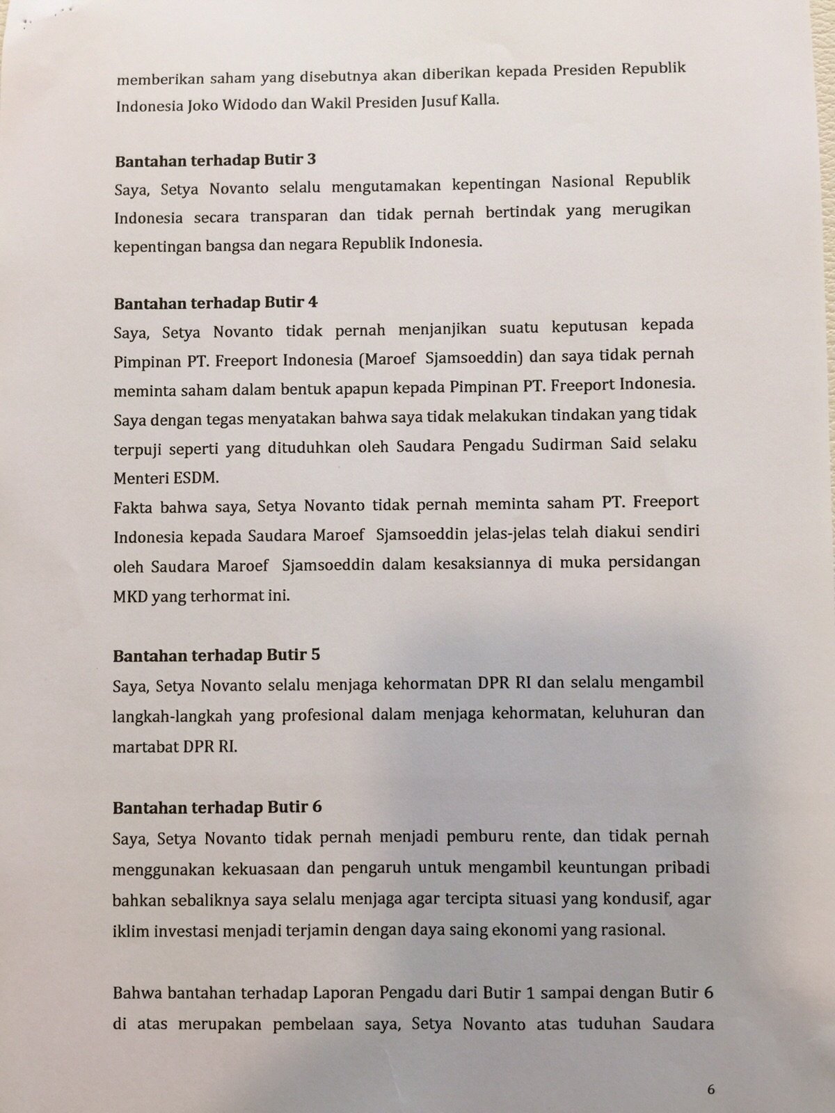 Nota Pembelaan Setya Novanto Ketua DPR RI Terhadap Pengaduan Menteri ESDM Sudirman Said Berdasarkan Laporan Pengadilan Tertanggal 16 November 2015. [Suara.com/Erick Tanjung]