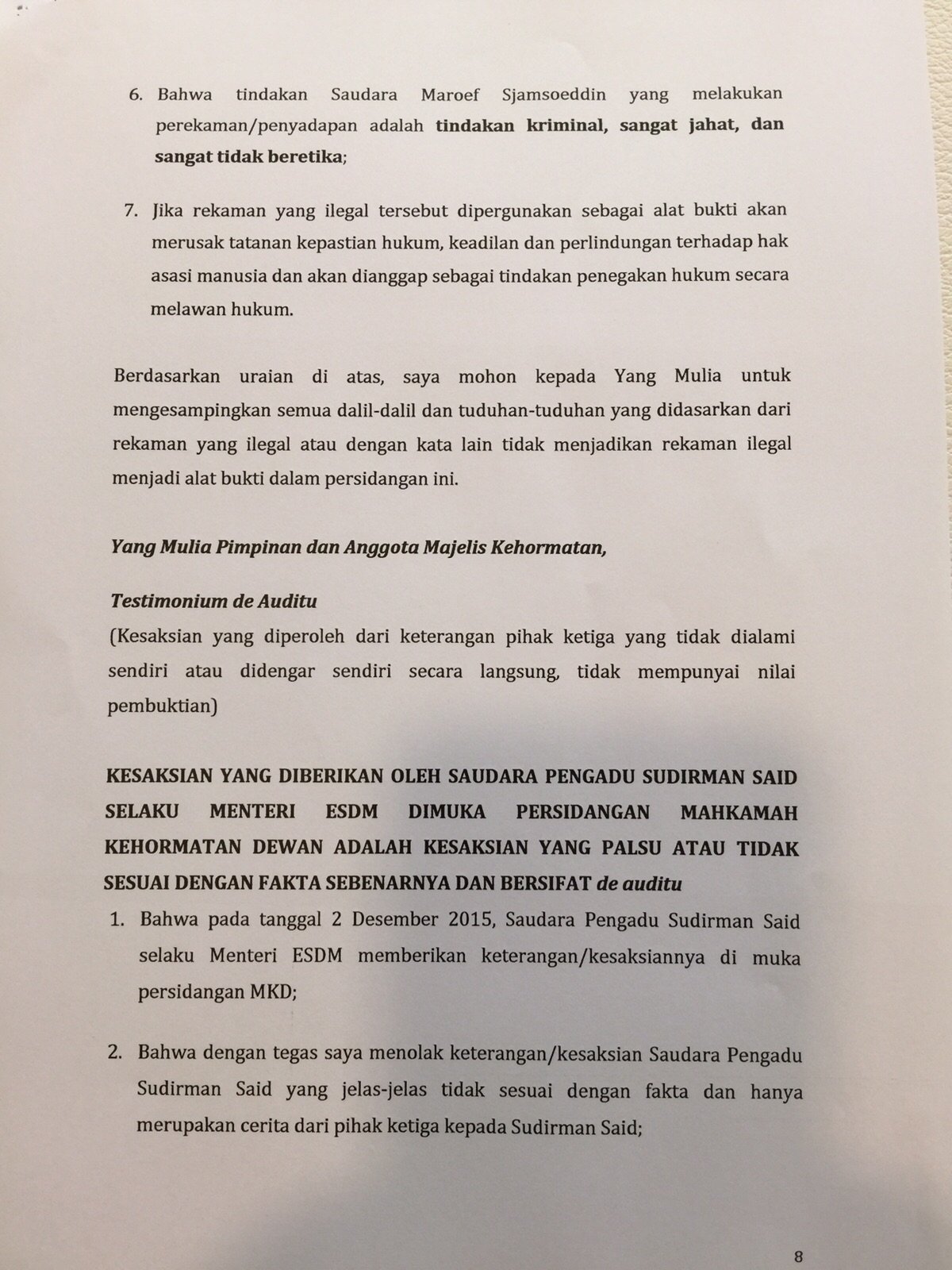 Nota Pembelaan Setya Novanto Ketua DPR RI Terhadap Pengaduan Menteri ESDM Sudirman Said Berdasarkan Laporan Pengadilan Tertanggal 16 November 2015. [Suara.com/Erick Tanjung]