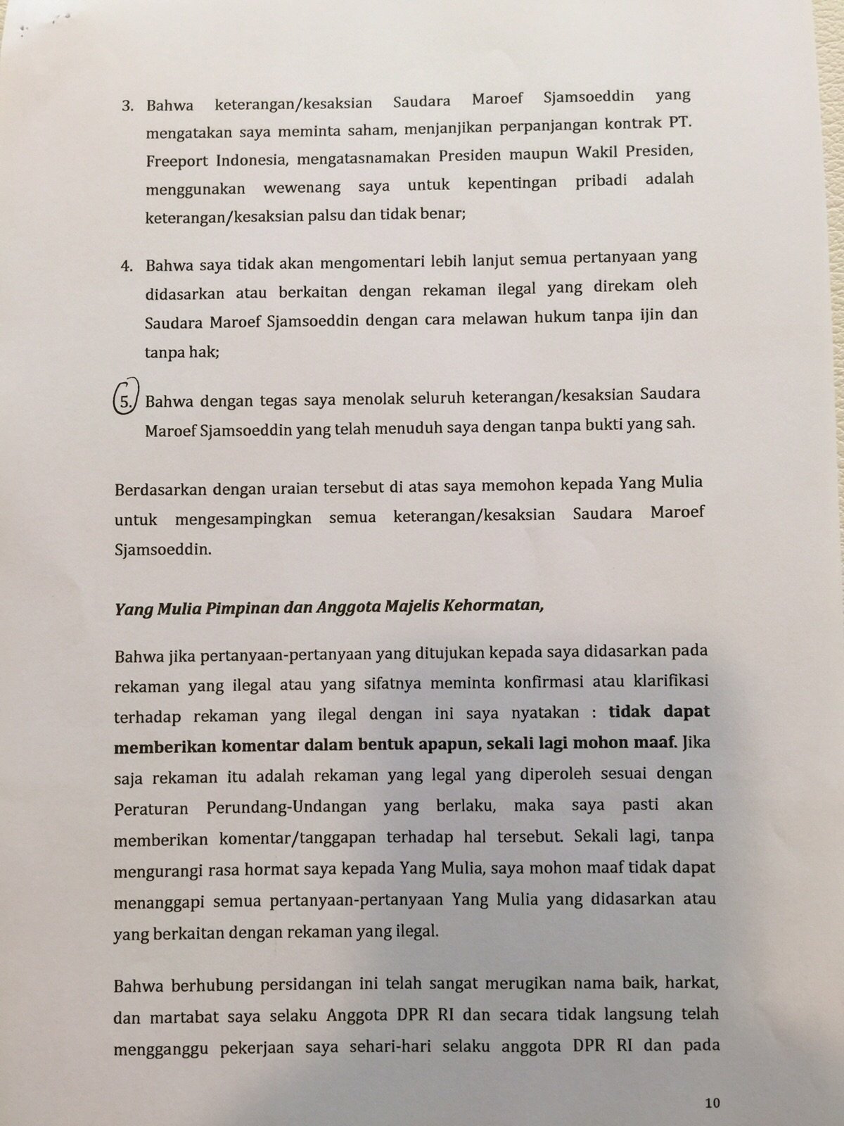 Nota Pembelaan Setya Novanto Ketua DPR RI Terhadap Pengaduan Menteri ESDM Sudirman Said Berdasarkan Laporan Pengadilan Tertanggal 16 November 2015. [Suara.com/Erick Tanjung]