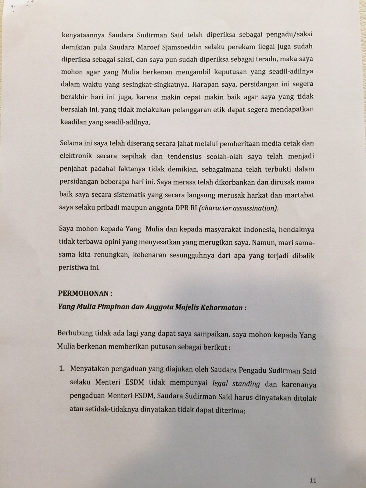 Nota Pembelaan Setya Novanto Ketua DPR RI Terhadap Pengaduan Menteri ESDM Sudirman Said Berdasarkan Laporan Pengadilan Tertanggal 16 November 2015. [Suara.com/Erick Tanjung]