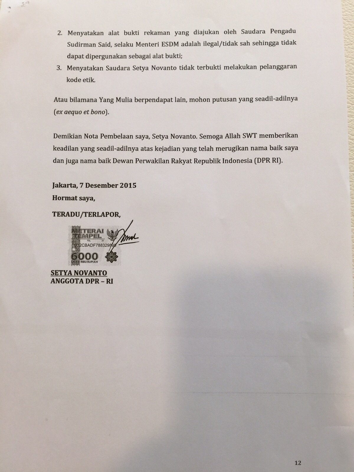 Nota Pembelaan Setya Novanto Ketua DPR RI Terhadap Pengaduan Menteri ESDM Sudirman Said Berdasarkan Laporan Pengadilan Tertanggal 16 November 2015. [Suara.com/Erick Tanjung]