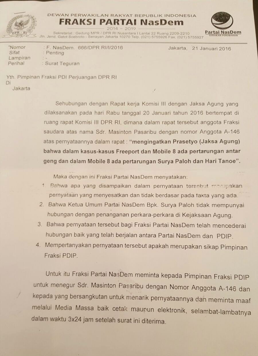 Surat Fraksi Partai Nasdem kepada Fraksi PDIP. [Suara.com/Bagus Santosa]