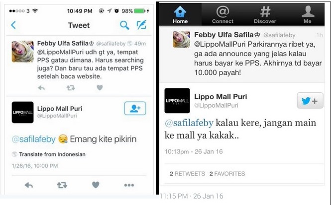 Percakapan antara pemilik akun Twitter @safilafeby dengan @LippoMallPuri pada Selasa (26/1) [Suara.com/Screenshot Twitter].