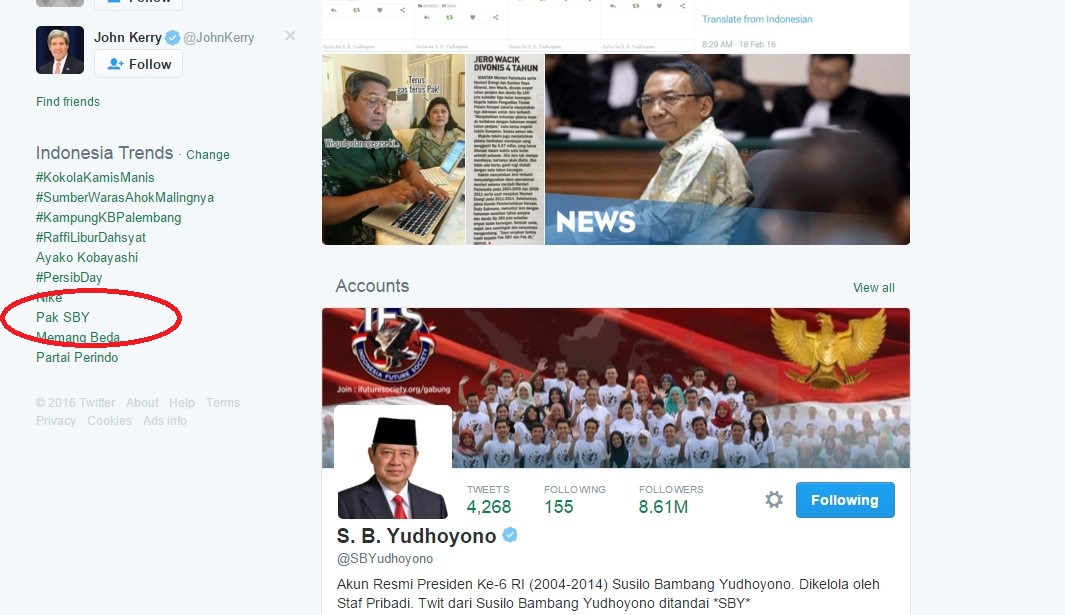 Topik "Pak SBY" masuk daftar trending topic Twitter Indonesia pada Kamis (18/2) siang [Suara.com/Screenshot Twitter].