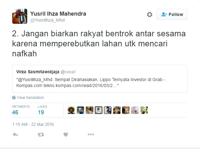 Kicauan Yusril soal demo penolakan transportasi online (Twitter)