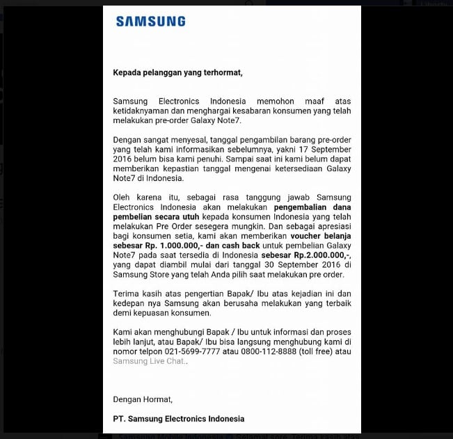 Surel Samsung Electronics Indonesia kepada pemesan yang mengumumkan pembatalan pengiriman Galaxy Note 7 (Facebook Samsung Mobile Indonesia/Suara.com).