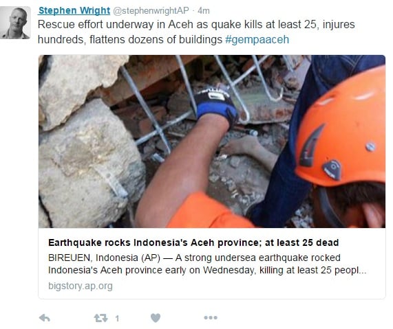 Kicauan netizen soal gempa Aceh. [Twitter]