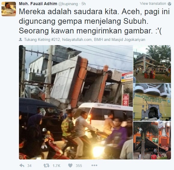 Kicauan netizen soal gempa Aceh. [Twitter]