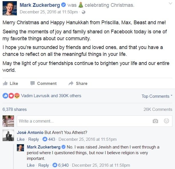 Status agama Mark Zuckerberg. [Facebook]