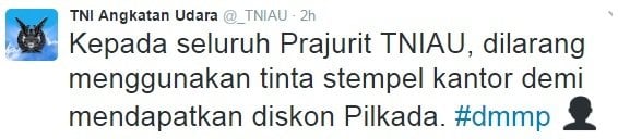 Kicauan TNI AU terkait Pilkada. [@_TNIAU]