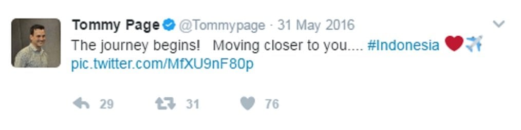 Cuitan Tommy Page saat berkunjung ke Indonesia. [@Tommypage]