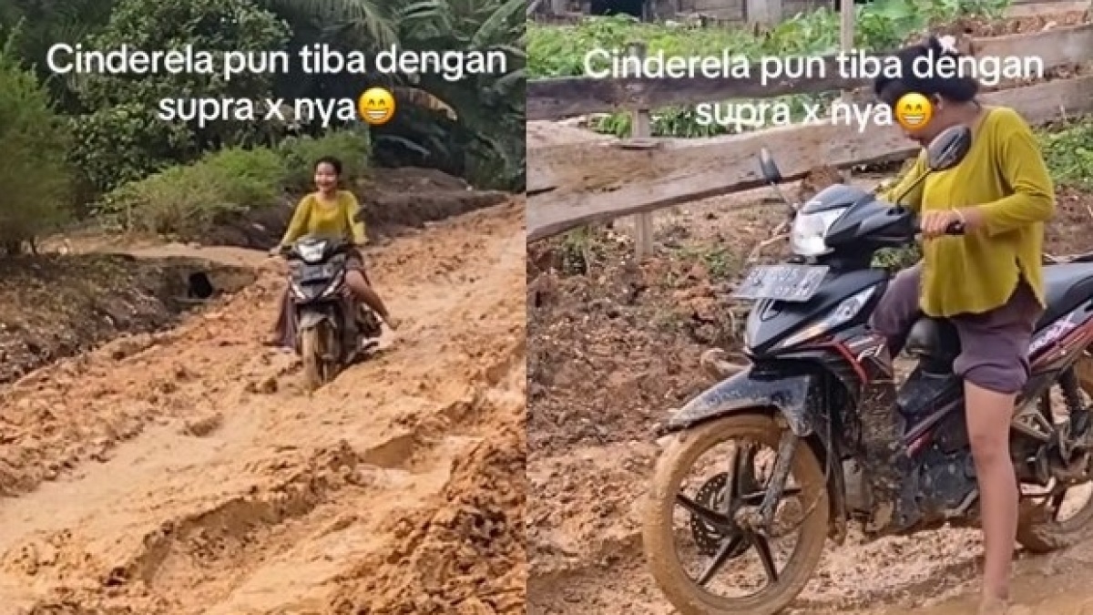 Bikin Deg-degan, Momen Wanita Ngebut Bawa Motor Supra di Jalan Berlumpur Bikin Gagal Fokus