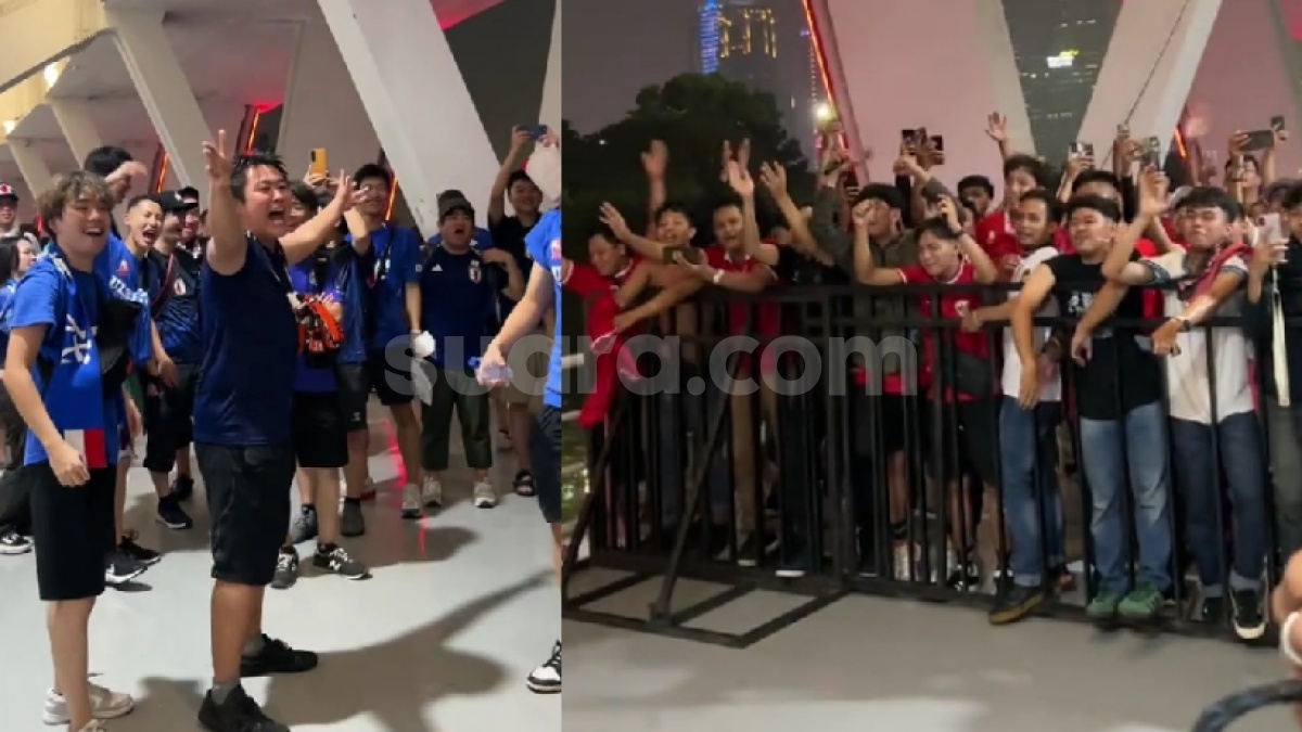 Momen Epik Suporter Indonesia dan Jepang Nyanyikan Lagu 'Sayonara', Bahrain Takut Apa?