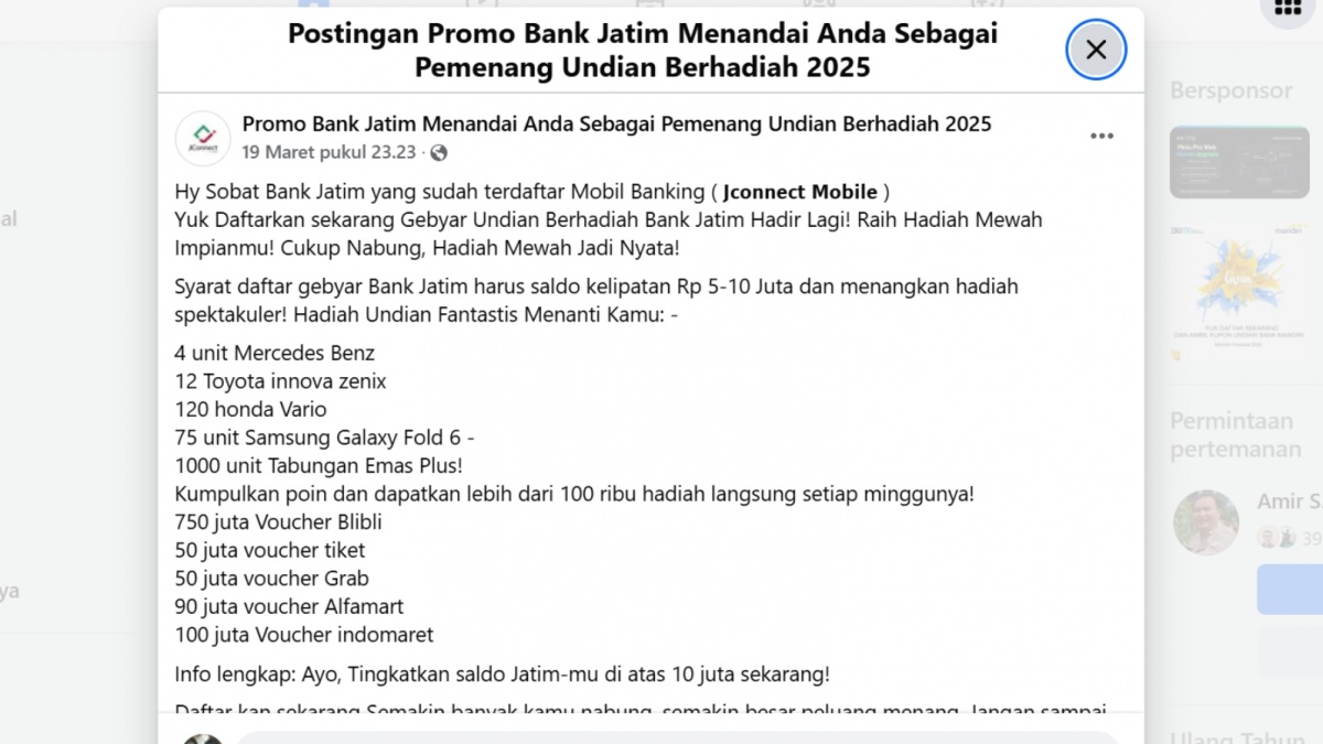 CEK FAKTA: Benarkah Undian Berhadiah Bank Jatim Daftar Lewat Tautan?