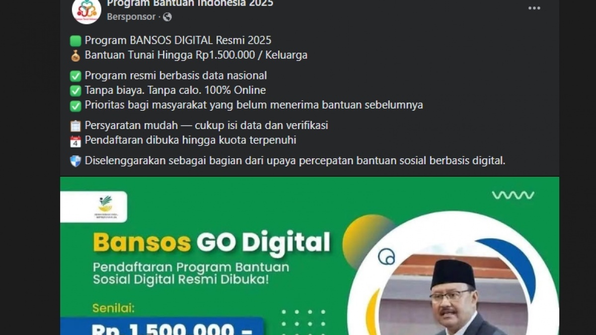 CEK FAKTA: Salah! Pendaftaran Bansos Go Digital Rp 1,5 Juta Per Keluarga dari Kemensos