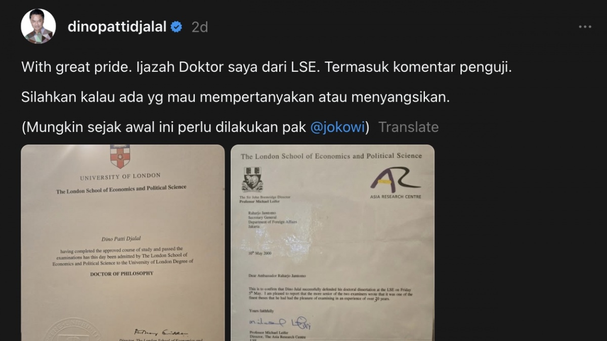 Dino Patti Djalal Unggah Ijazah S3 Sembari Senggol Jokowi, Kebanting!
