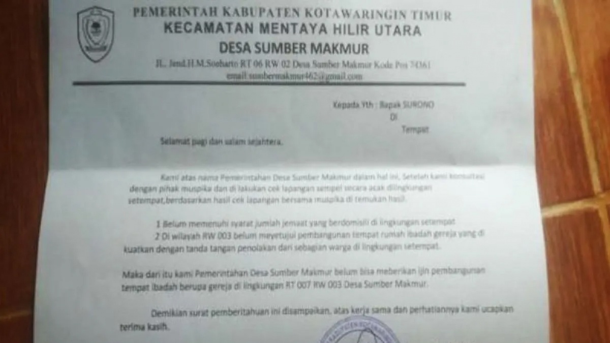Viral Surat Penolakan Bangun Gereja di Sumber Makmur