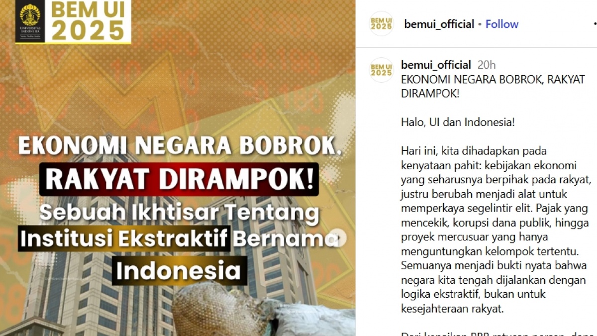 BEM UI: Ekonomi Negara Bobrok, Rakyat Dirampok!