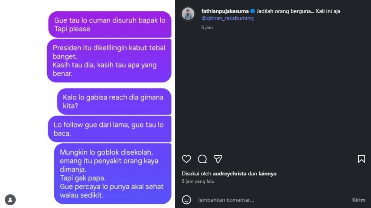 Lewat DM, Fathian Minta Gibran Jadi Orang Berguna: Kali Ini Aja