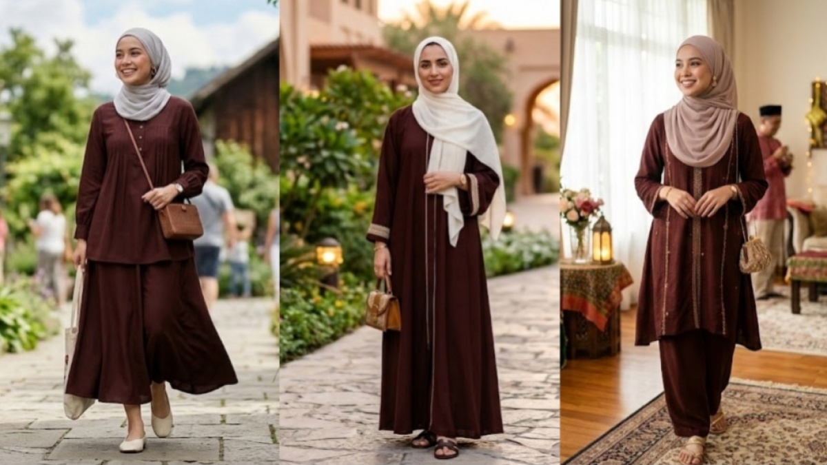 Baju Lebaran Warna Mahogany Cocok dengan Jilbab Apa Saja? Ini 5 Perpaduan yang Pas
