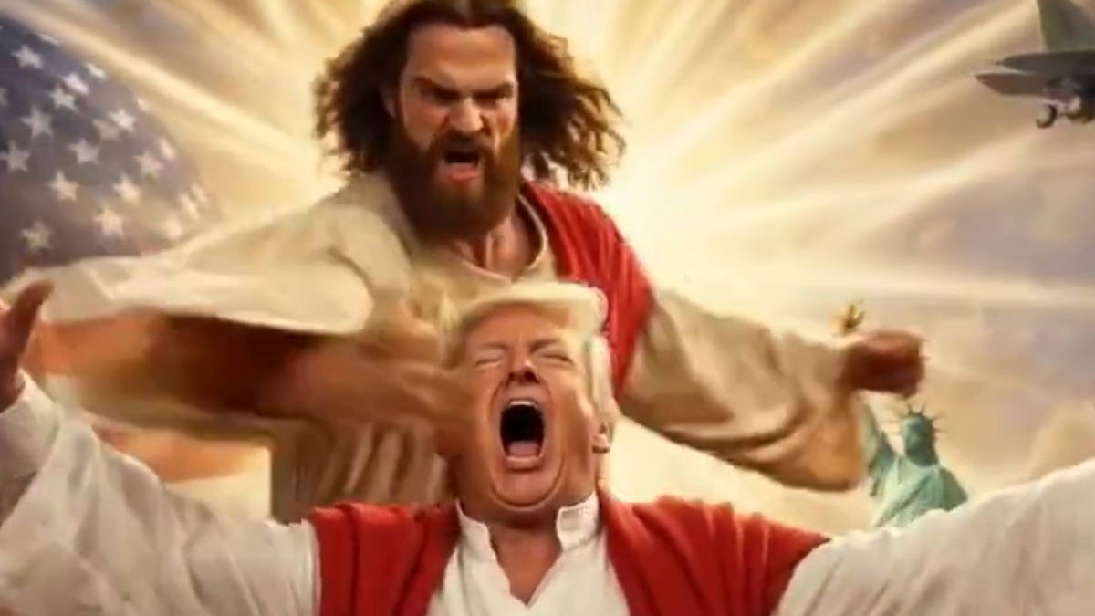 Iran Sebar Video AI Yesus Pukul Kepala Donald Trump Sampai Jatuh ke 'Neraka'