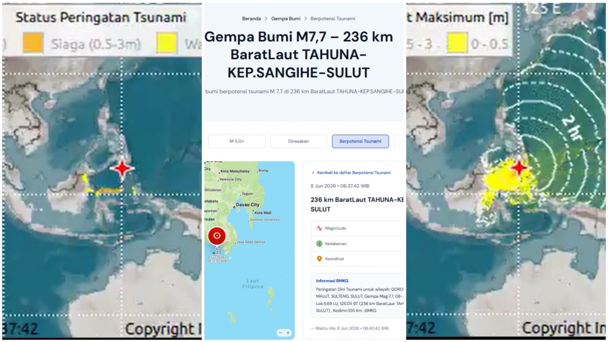 Gempa M7.7! BMKG Keluarkan Peringatan Dini Tsunami ke 22 Wilayah di Sulut hingga Kaltim