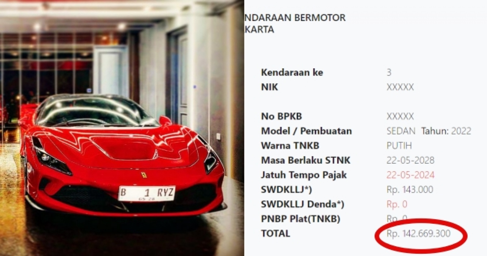 Mobil Cipung Ferrari F8 dan pajaknya. (Instagram: @raffinagita1717 / Samsat Jakarta)