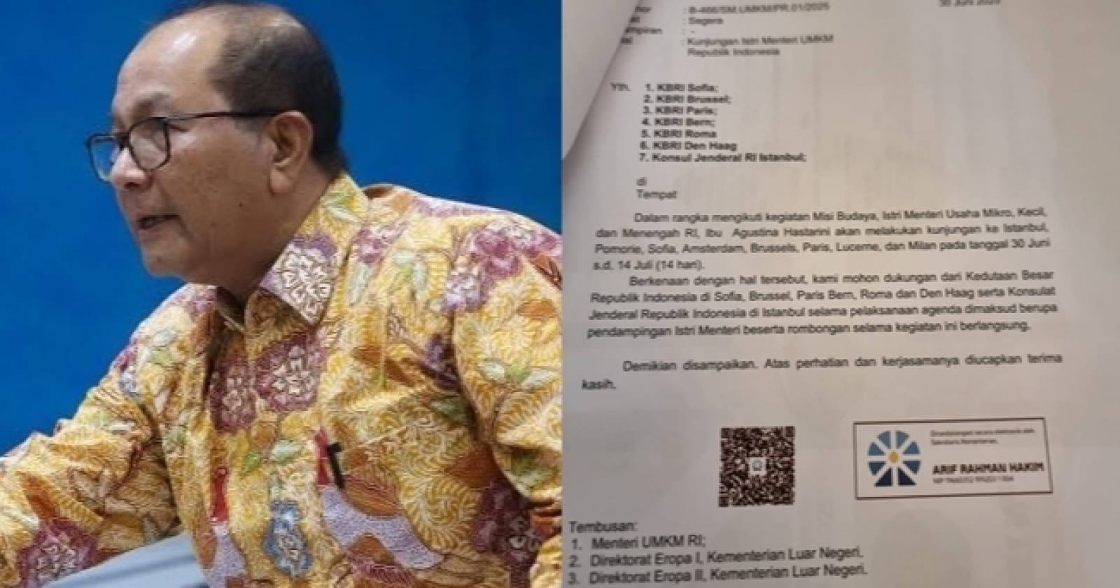 Sosok Arif Rahman Hakim yang Tanda Tangani Surat Kunjungan Tina Astari Istri Menteri UMKM