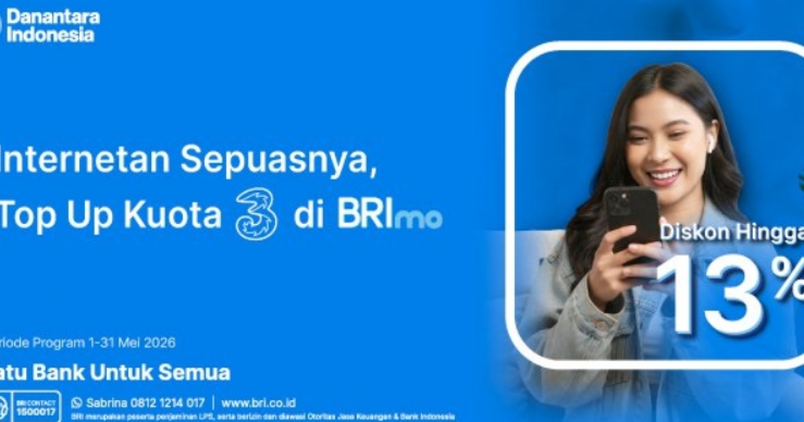 Dapatkan Diskon Paket Data Tri Lewat BRImo, Begini Caranya!