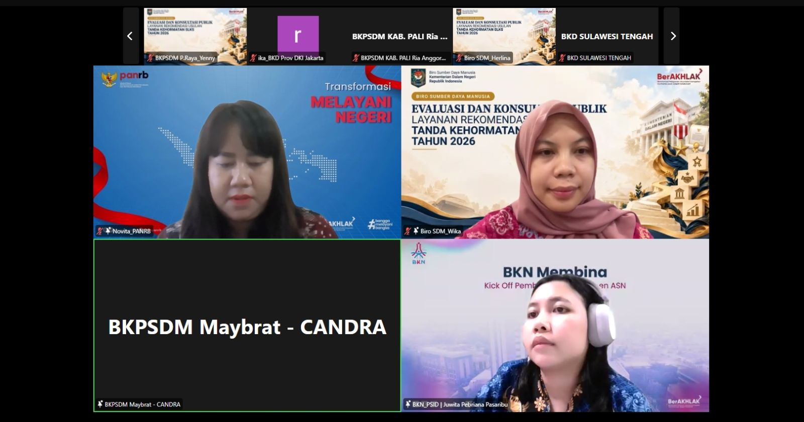 Suasana kegiatan evaluasi dan konsultasi publik layanan pengusulan tanda kehormatan Satyalancana Karya Satya bagi PNS Kemendagri dan PNS daerah yang digelar secara daring melalui Zoom, Kamis (15/10/2026). (Suara.com/Mohammad Rhadzaki Ramadhan)