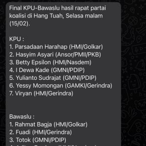 Pesan berantai di kalangan jurnalis di DPR terkait nama-nama calon anggota KPU-Bawaslu terpilih. (Tangkapan layar/ist)