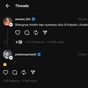 Pratam Arhan membalas sindiran Asnawi (Threads)