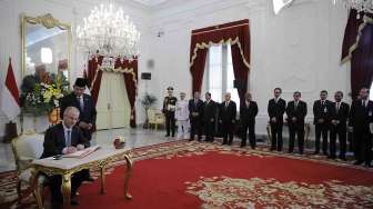 Presiden Susilo Bambang Yudhoyono menerima kunjungan kenegaraan Perdana Menteri Palestina Rami Hamdallah di Istana Merdeka, Jakarta, Jumat (28/2). [Rumgapres/Abror]