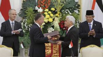 Presiden Susilo Bambang Yudhoyono menerima kunjungan kenegaraan Perdana Menteri Palestina Rami Hamdallah di Istana Merdeka, Jakarta, Jumat (28/2). [Rumgapres/Abror]
