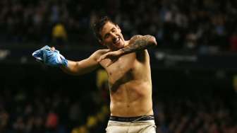 Beginilah reaksi Stevan Jovetic merayakan gol setelah mencetak gol ketiga bagi City di menit ke-89. (Reuters/Phil Noble)  