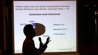 Lembaga Survey Saiful Mujani Reaserch Consulting (SMRC) merilis survei bertajuk \" Kinerja Demokrasi dan Pilpres 2014 : Evaluasi Pemilih Nasional\" di Jakarta, Minggu (10/8). [suara.com/Kurniawan Mas'ud]