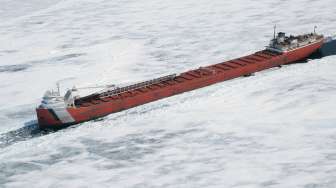 Delapan kapal pengangkut barang terperangkap di kawasan Whitefish Bay, Danau Superior, Ontario, Kanada, yang ditutupi lapisan es tebal (7/4/2015). [Reuters/Kenneth Armstrong]