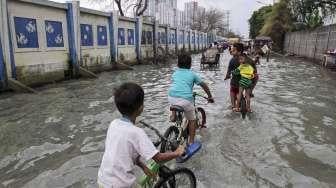 Genanangan banjir rob yang meluap di kawasan Kali Adem, Muara Angke, Jakarta, Kamis (19/1).