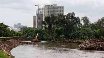 Ekskavator dari Dinas Tata Air DKI Jakarta dikerahkan untuk mengeruk endapan lumpur bercampur sampah di Kali Pesanggrahan, Jakarta, Sabtu (1/4/2017). [Suara.com/Oke Atmaja]